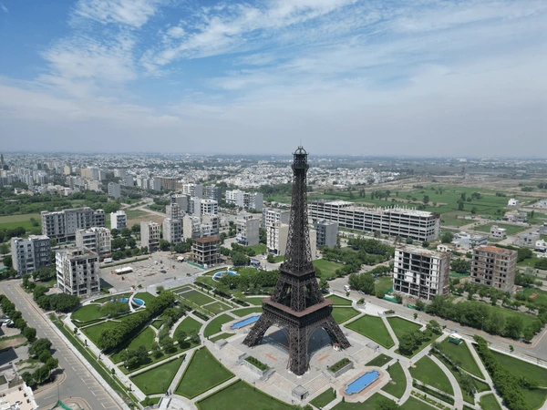 Aerial view of Eiffel Tower and parks in Bahria Town Lahore